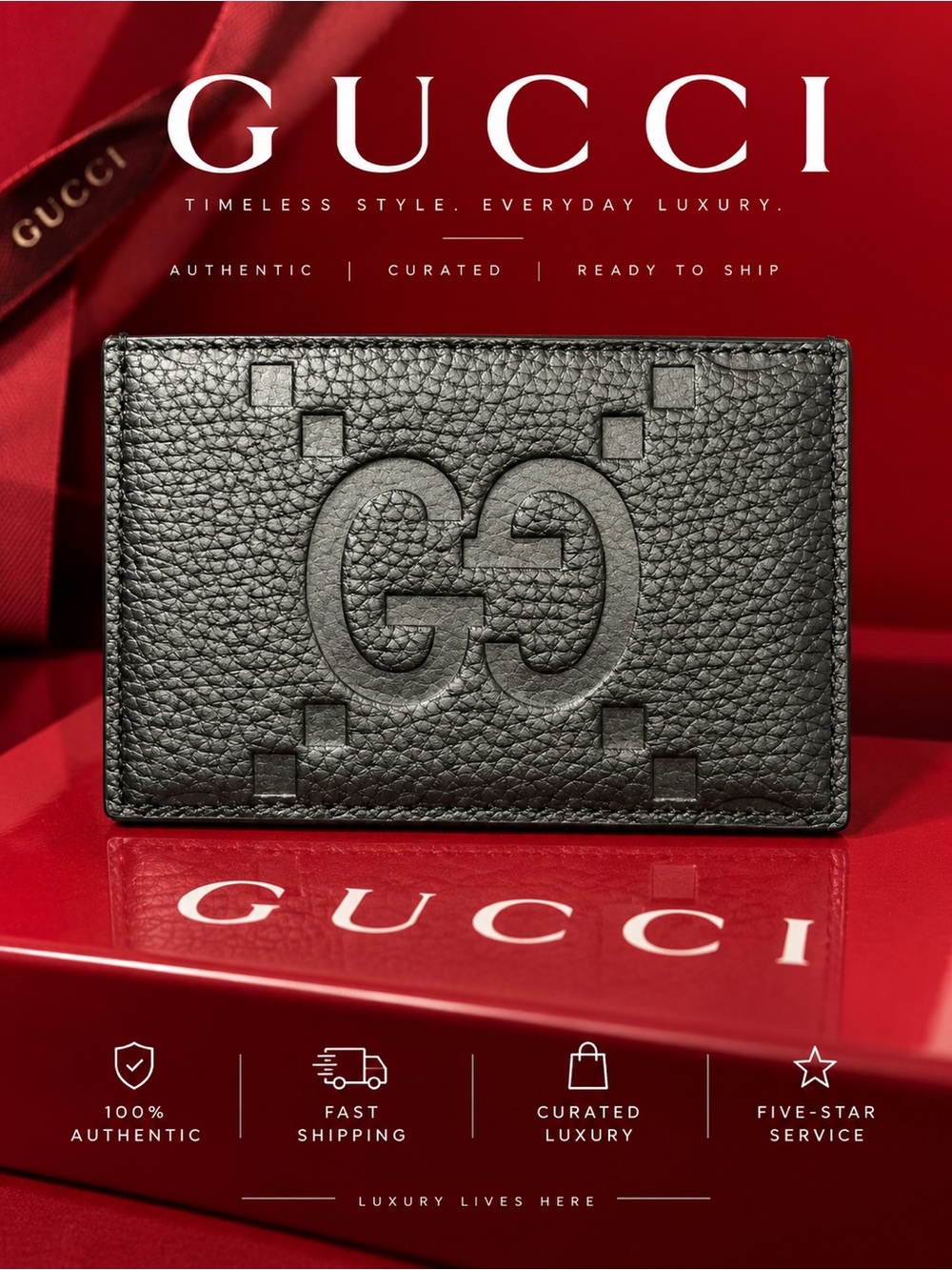 Gucci Black Embossed Double G Leather Card Case